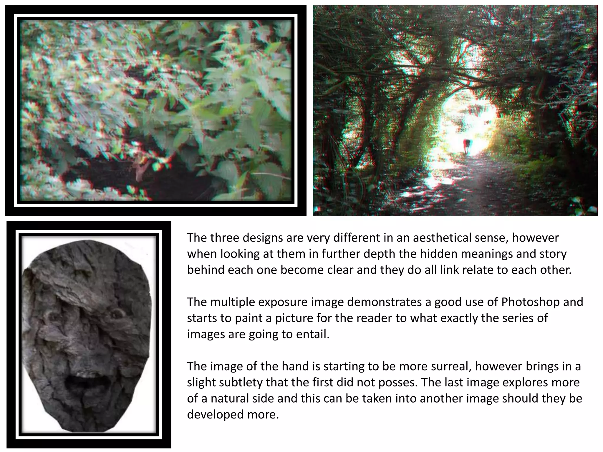 The three designs are very different in an aesthetical sense, however 
when looking at them in further depth the hidden meanings and story 
behind each one become clear and they do all link relate to each other. 
The multiple exposure image demonstrates a good use of Photoshop and 
starts to paint a picture for the reader to what exactly the series of 
images are going to entail. 
The image of the hand is starting to be more surreal, however brings in a 
slight subtlety that the first did not posses. The last image explores more 
of a natural side and this can be taken into another image should they be 
developed more. 
 