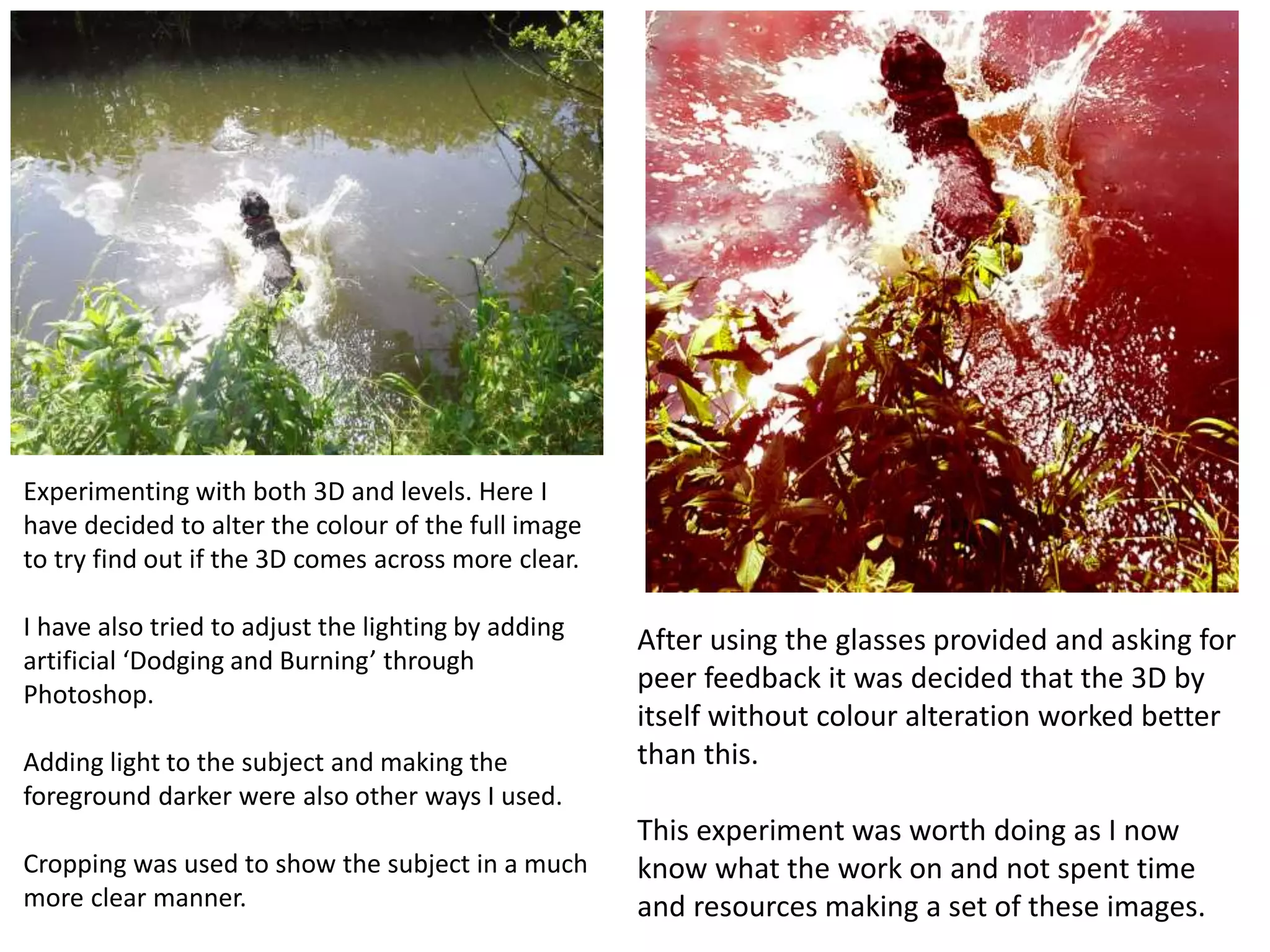 Experimenting with both 3D and levels. Here I 
have decided to alter the colour of the full image 
to try find out if the 3D comes across more clear. 
I have also tried to adjust the lighting by adding 
artificial ‘Dodging and Burning’ through 
Photoshop. 
Adding light to the subject and making the 
foreground darker were also other ways I used. 
Cropping was used to show the subject in a much 
more clear manner. 
After using the glasses provided and asking for 
peer feedback it was decided that the 3D by 
itself without colour alteration worked better 
than this. 
This experiment was worth doing as I now 
know what the work on and not spent time 
and resources making a set of these images. 
 