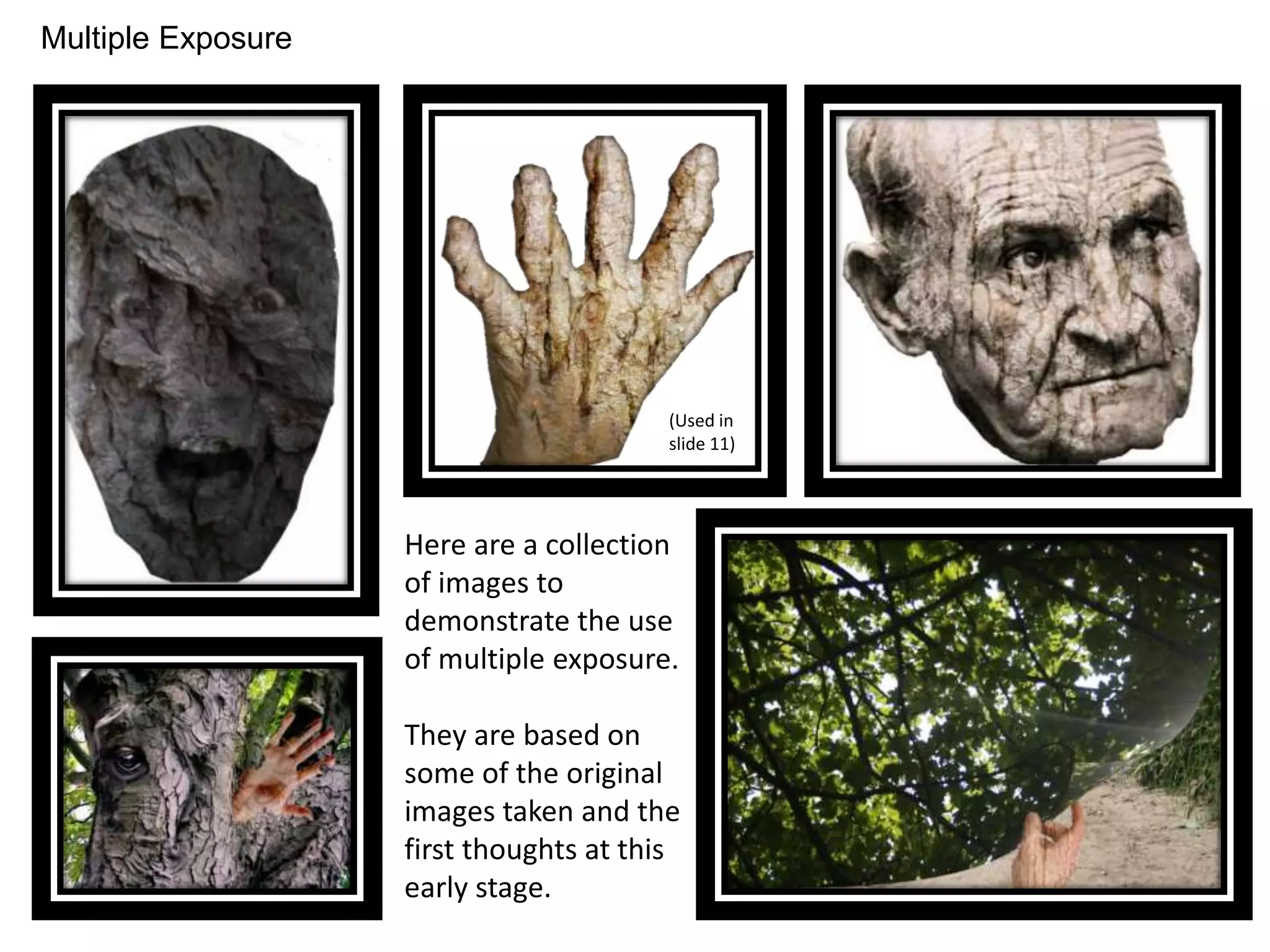 Multiple Exposure 
(Used in 
slide 11) 
Here are a collection 
of images to 
demonstrate the use 
of multiple exposure. 
They are based on 
some of the original 
images taken and the 
first thoughts at this 
early stage. 
 