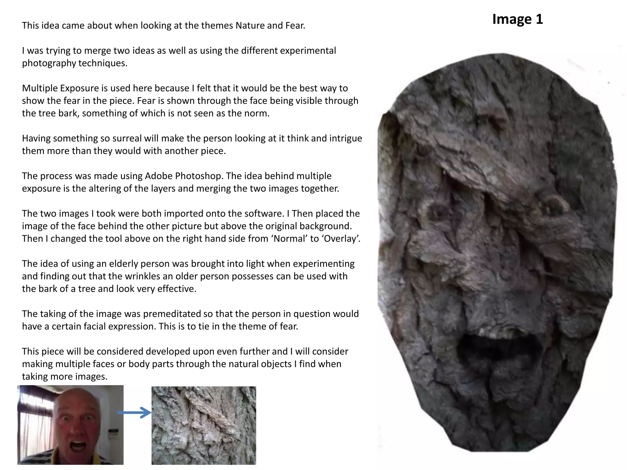 Image 1 This idea came about when looking at the themes Nature and Fear. 
I was trying to merge two ideas as well as using the different experimental 
photography techniques. 
Multiple Exposure is used here because I felt that it would be the best way to 
show the fear in the piece. Fear is shown through the face being visible through 
the tree bark, something of which is not seen as the norm. 
Having something so surreal will make the person looking at it think and intrigue 
them more than they would with another piece. 
The process was made using Adobe Photoshop. The idea behind multiple 
exposure is the altering of the layers and merging the two images together. 
The two images I took were both imported onto the software. I Then placed the 
image of the face behind the other picture but above the original background. 
Then I changed the tool above on the right hand side from ‘Normal’ to ‘Overlay’. 
The idea of using an elderly person was brought into light when experimenting 
and finding out that the wrinkles an older person possesses can be used with 
the bark of a tree and look very effective. 
The taking of the image was premeditated so that the person in question would 
have a certain facial expression. This is to tie in the theme of fear. 
This piece will be considered developed upon even further and I will consider 
making multiple faces or body parts through the natural objects I find when 
taking more images. 
 