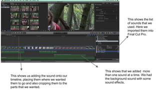 This shows the list
of sounds that we
used. Here we
imported them into
Final Cut Pro.
This shows us adding the sound onto our
timeline, placing them where we wanted
them to go and also cropping them to the
parts that we wanted.
This shows that we added more
than one sound at a time. We had
the background sound with some
sound effects.
 