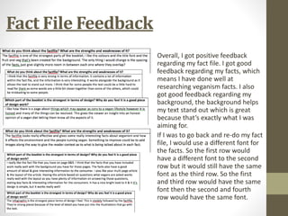 Fact File Feedback
Overall, I got positive feedback
regarding my fact file. I got good
feedback regarding my facts, which
means I have done well at
researching veganism facts. I also
got good feedback regarding my
background, the background helps
my text stand out which is great
because that’s exactly what I was
aiming for.
If I was to go back and re-do my fact
file, I would use a different font for
the facts. So the first row would
have a different font to the second
row but it would still have the same
font as the third row. So the first
and third row would have the same
font then the second and fourth
row would have the same font.
 