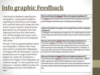 Info graphic Feedback
I had positive feedback regarding my
info graphic. I had positive feedback
regarding my illustrations and images
you could tell what each image was and
where it went. Another thing that was
good about my info graphic was how
organized and clear the information
was. All the background colours went
together very well and it all completed
each other.
Overall, I had very good feedback about
my info graphic. I believe that I have
done well on creating the infographics.
I'm happy with the techniques I used on
photoshop such as magic wand which
helped me create the illustrations. I
believe the images in the infographic are
creative enough. If I was to go back and
improve it, I would a different colour for
the background and a third different
font.
 