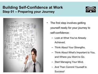 Building Self-Confidence at Work 
Step 01 – Preparing your Journey 
• The first step involves getting 
yourself ready for your journey to 
self-confidence: 
– Look at What You've Already 
Achieved. 
– Think About Your Strengths. 
– Think About What's Important to You, 
and Where you Want to Go. 
– Start Managing Your Mind. 
– And Then Commit Yourself to 
Success! 
 