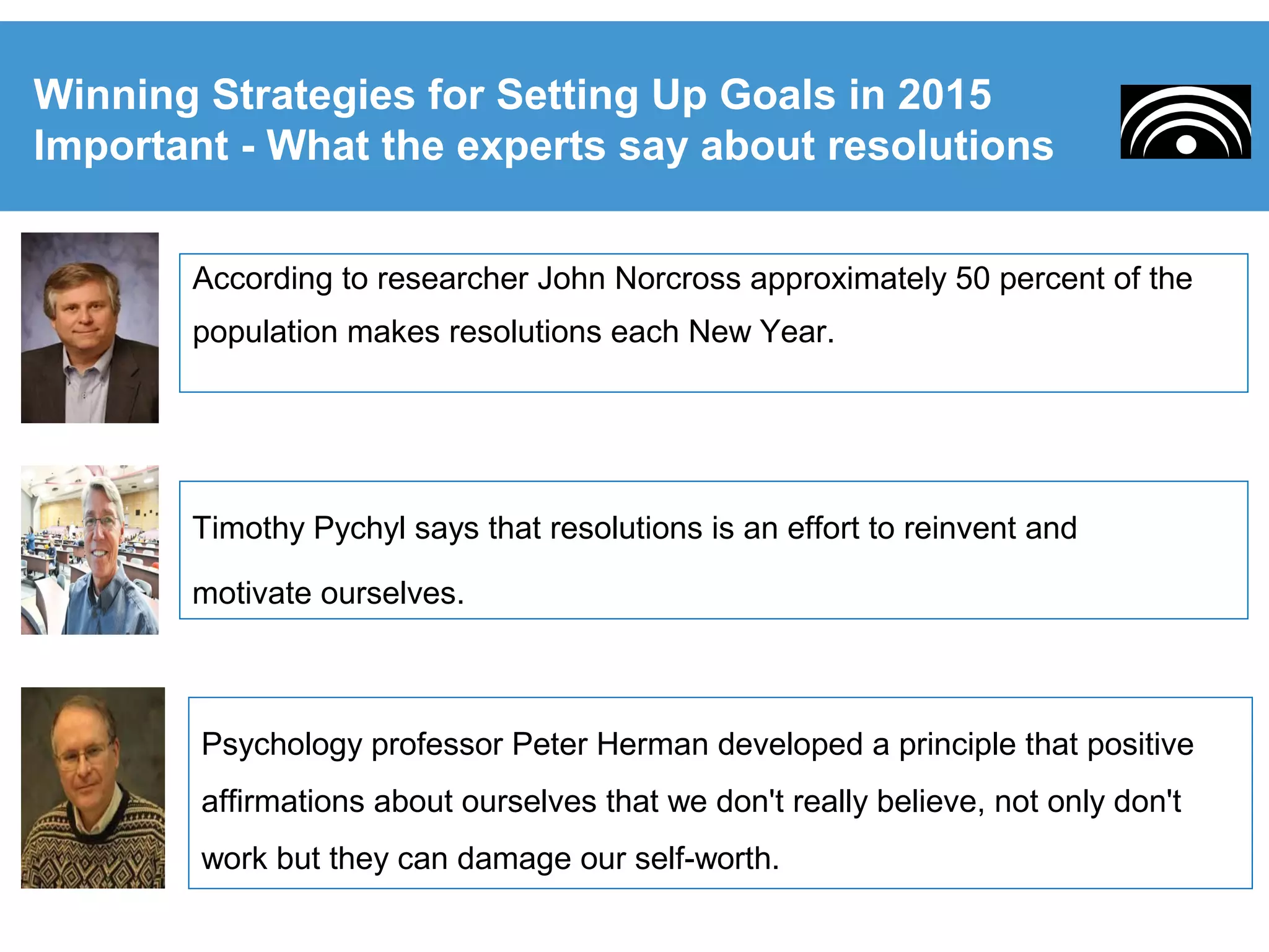 According to researcher John Norcross approximately 50 percent of the
population makes resolutions each New Year.
Winning Strategies for Setting Up Goals in 2015
Important - What the experts say about resolutions
Timothy Pychyl says that resolutions is an effort to reinvent and
motivate ourselves.
Psychology professor Peter Herman developed a principle that positive
affirmations about ourselves that we don't really believe, not only don't
work but they can damage our self-worth.
 