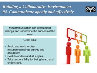 Miscommunication can create hard
feelings and undermine the success of the
team.
Building a Collaborative Environment
04. ...