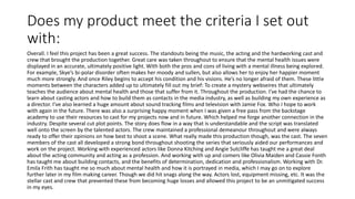 Does my product meet the criteria I set out
with:
Overall. I feel this project has been a great success. The standouts being the music, the acting and the hardworking cast and
crew that brought the production together. Great care was taken throughout to ensure that the mental health issues were
displayed in an accurate, ultimately positive light. With both the pros and cons of living with a mental illness being explored.
For example, Skye’s bi-polar disorder often makes her moody and sullen, but also allows her to enjoy her happier moment
much more strongly. And once Riley begins to accept his condition and his visions. He’s no longer afraid of them. These little
moments between the characters added up to ultimately fill out my brief: To create a mystery webseires that ultimately
teaches the audience about mental health and those that suffer from it. Throughout the production. I've had the chance to
learn about casting actors and how to build them as contacts in the media industry, as well as building my own experience as
a director. I’ve also learned a huge amount about sound tracking films and television with Jamie Fox. Who I hope to work
with again in the future. There was also a surprising happy moment when I was given a free pass from the backstage
academy to use their resources to cast for my projects now and in future. Which helped me forge another connection in the
industry. Despite several cut plot points. The story does flow in a way that is understandable and the script was translated
well onto the screen by the talented actors. The crew maintained a professional demeanour throughout and were always
ready to offer their opinions on how best to shoot a scene. What really made this production though, was the cast. The seven
members of the cast all developed a strong bond throughout shooting the series that seriously aided our performances and
work on the project. Working with experienced actors like Donna Kitching and Angie Sutcliffe has taught me a great deal
about the acting community and acting as a profession. And working with up and comers like Olivia Maiden and Cassie Fonth
has taught me about building contacts, and the benefits of determination, dedication and professionalism. Working with Dr.
Emila Frith has taught me so much about mental health and how it is portrayed in media, which I may go on to explore
further later in my film making career. Though we did hit snags along the way. Actors lost, equipment missing, etc. It was the
stellar cast and crew that prevented these from becoming huge losses and allowed this project to be an unmitigated success
in my eyes.
 