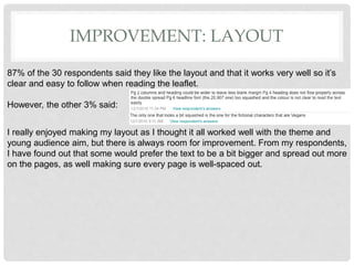IMPROVEMENT: LAYOUT
87% of the 30 respondents said they like the layout and that it works very well so itâs
clear and easy to follow when reading the leaflet.
However, the other 3% said:
I really enjoyed making my layout as I thought it all worked well with the theme and
young audience aim, but there is always room for improvement. From my respondents,
I have found out that some would prefer the text to be a bit bigger and spread out more
on the pages, as well making sure every page is well-spaced out.