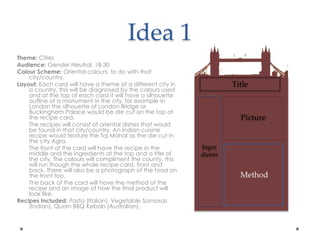 Idea 1
Theme: Cities
Audience: Gender Neutral, 18-30
Colour Scheme: Oriental colours, to do with that
city/country.
Layout: Each card will have a theme of a different city in
a country, this will be diagnosed by the colours used
and at the top of each card it will have a silhouette
outline of a monument in the city, for example in
London the silhouette of London Bridge or
Buckingham Palace would be die cut on the top of
the recipe card.
The recipes will consist of oriental dishes that would
be found in that city/country. An Indian cuisine
recipe would feature the Taj Mahal as the die cut in
the city Agra.
The front of the card will have the recipe in the
middle and the ingredients at the top and a title of
the city. The colours will compliment the county, this
will run though the whole recipe card, front and
back. There will also be a photograph of the food on
the front too.
The back of the card will have the method of the
recipe and an image of how the final product will
look like.
Recipes Included: Pasta (Italian), Vegetable Samosas
(Indian), Quorn BBQ Kebab (Australian).
Ingre
dients
Title
Picture
Method
 