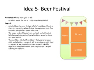 Idea 5- Beer Festival
Audience: Mostly men aged 18-30.
All adults above the age of 18 because of the alcohol.
Layout:
• A typical beer/summer festival is full of meat based foods so
there is a market for a beer festival for vegetarian food. This
is usually going to be a quorn substitute.
• The recipe card will have a front and back and will include
light happy photographs of party food that would be found
at a beer festival.
• There will be a list of different beers that vegetarians can
drink and what they contain. It will be simple and quick food
to prepare. A few people in our own research asked for
vegetarian party food recipes. This is a good quick way of
catering for everyone.
Picture
Method
Beers
 