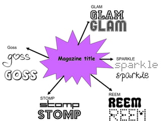 GLAM




Goss

               Magazine title       SPARKLE




                                  REEM
       STOMP
 