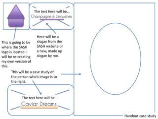 Handout case study
This is going to be
where the SASH
logo is located. I
will be re-creating
my own version of
this.
Here will be a
slogan from the
SASH website or
a new, made up
slogan by me.
This will be a case study of
the person who’s image is to
the right.
The text here will be…
The text here will be…
 