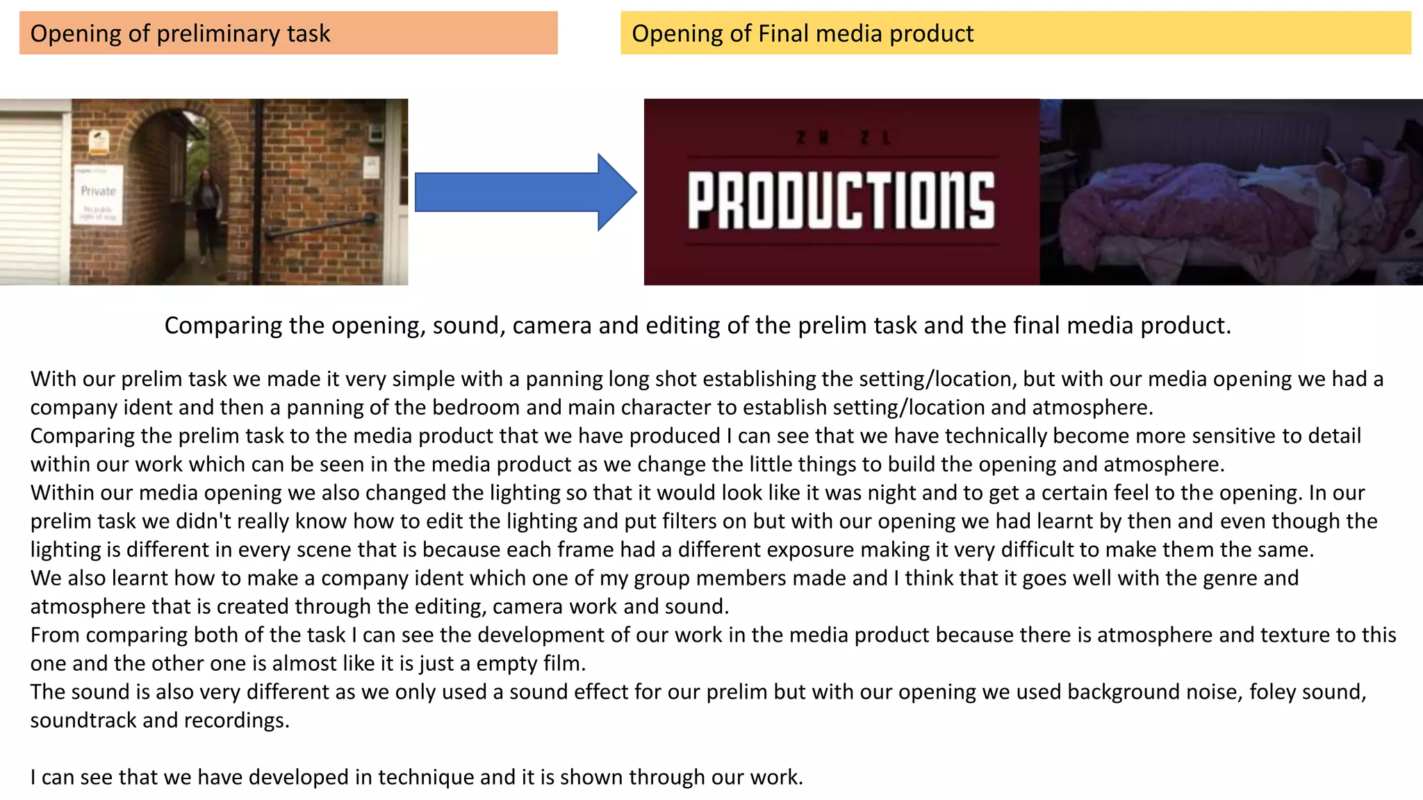 Opening of preliminary task Opening of Final media product
With our prelim task we made it very simple with a panning long shot establishing the setting/location, but with our media opening we had a
company ident and then a panning of the bedroom and main character to establish setting/location and atmosphere.
Comparing the prelim task to the media product that we have produced I can see that we have technically become more sensitive to detail
within our work which can be seen in the media product as we change the little things to build the opening and atmosphere.
Within our media opening we also changed the lighting so that it would look like it was night and to get a certain feel to the opening. In our
prelim task we didn't really know how to edit the lighting and put filters on but with our opening we had learnt by then and even though the
lighting is different in every scene that is because each frame had a different exposure making it very difficult to make them the same.
We also learnt how to make a company ident which one of my group members made and I think that it goes well with the genre and
atmosphere that is created through the editing, camera work and sound.
From comparing both of the task I can see the development of our work in the media product because there is atmosphere and texture to this
one and the other one is almost like it is just a empty film.
The sound is also very different as we only used a sound effect for our prelim but with our opening we used background noise, foley sound,
soundtrack and recordings.
I can see that we have developed in technique and it is shown through our work.
Comparing the opening, sound, camera and editing of the prelim task and the final media product.
 