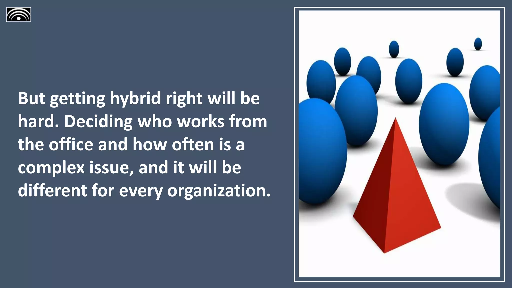 But getting hybrid right will be
hard. Deciding who works from
the office and how often is a
complex issue, and it will be
different for every organization.
 