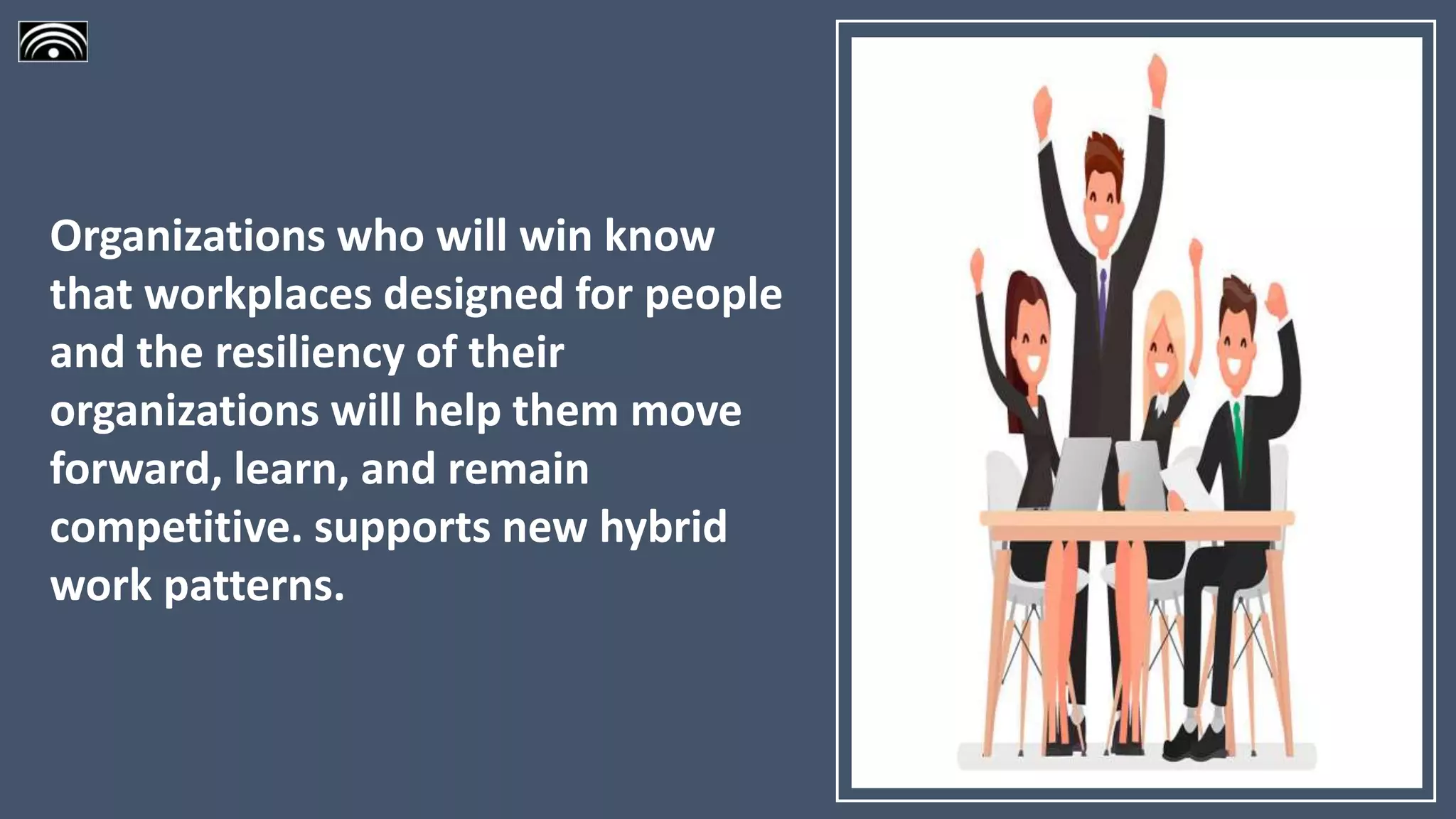 Organizations who will win know
that workplaces designed for people
and the resiliency of their
organizations will help them move
forward, learn, and remain
competitive. supports new hybrid
work patterns.
 