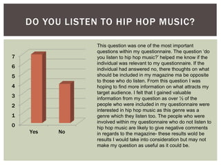 0
1
2
3
4
5
6
7
Yes No
DO YOU LISTEN TO HIP HOP MUSIC?
This question was one of the most important
questions within my questionnaire. The question ‘do
you listen to hip hop music?’ helped me know if the
individual was relevant to my questionnaire. If the
individual had answered no, there thoughts on what
should be included in my magazine ma be opposite
to those who do listen. From this question I was
hoping to find more information on what attracts my
target audience. I felt that I gained valuable
information from my question as over ½ of the
people who were included in my questionnaire were
interested in hip hop music as this genre was a
genre which they listen too. The people who were
involved within my questionnaire who do not listen to
hip hop music are likely to give negative comments
in regards to the magazine- these results wold be
results I would take into consideration but may not
make my question as useful as it could be.
 
