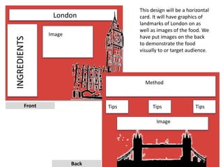 8
London
INGREDIENTS
Image
Method
Tips Tips Tips
Image
This design will be a horizontal
card. It will have graphics of
landmarks of London on as
well as images of the food. We
have put images on the back
to demonstrate the food
visually to or target audience.
Front
Back
 