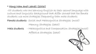• Hong Nam and Leavell (2006) 
-55 students who are learning English as their second language with 
culture and linguistic background that differ showed that the female 
students use more strategies frequently than male students 
Female students- Social and Metacognitive Strategies (most) 
Memory Strategies (least) 
Male students - Metacognitive and Compensation Strategies(most) 
Affective Strategies (least) 
 