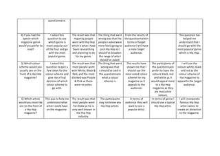 questionnaire.
4) If you had the
option which
magazine genre
wouldyouprefer to
read?
I asked this
question to see
which genre is
more popular out
of the four and go
with the most
popular genre.
The result was that
majority people
went with Hip Hop
whichiswhat I have
been researching
and planning to do
for my genre.
The thing that went
wrong was that the
people Iaskedwere
more likelygoing to
pick Hip Hop so I
should’ve broaden
the range of who I
should’ve asked.
From the results of
the questionnairein
terms of target
audience Iwill have
a male target
audience.
This question has
helped me
understand that I
should go with the
most popular genre
which is Hip Hop.
5) Which colour
scheme would you
usually see on the
front of a Hip Hop
magazine?
I asked this
question to gain a
few ideas for the
colour scheme and
give me a final
decision of which
colour scheme to
go with.
The result was that
most people went
with White, Black &
Red, and the most
disliked was Purple
& Pink as there
were no votes.
The thing that went
wrong was that
I should’ve said in
the questionnaire
what a colour
scheme is.
The results have
shown me that I
should use the
most voted colour
scheme for my
magazine as it
appeals to the
audience.
The participants of
the questionnaire
prefer to have the
colours black, red
and white as it
would appeal more
to a Hip Hop
magazine as they
are masculine
colours.
I will use the
colourswhite,black
and red as the
colour scheme of
the magazine to
appeal to the target
audience.
6) Which artists
wouldyoumostlike
see on the front of
a Hip Hop
magazine?
Thiswas to help me
understand what
artist I could have
on the magazine.
The result was that
most people went
for Drake as he is
very well known in
the Hip Hop
industry.
The participants
may not know any
Hip Hop artists.
In terms of
audience they will
want to see a
popular artist.
In terms of genre I
should use a typical
Hip Hop artist.
I will incorporate
famous Hip Hop
artist names to
create an attraction
to the magazine.
 