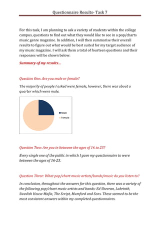 Questionnaire Results- Task 7



For this task, I am planning to ask a variety of students within the college
campus, questions to find out what they would like to see in a pop/charts
music genre magazine. In addition, I will then summarise their overall
results to figure out what would be best suited for my target audience of
my music magazine. I will ask them a total of fourteen questions and their
responses will be shown below:

Summary of my results…



Question One: Are you male or female?

The majority of people I asked were female, however, there was about a
quarter which were male.




                           Male
                           Female




Question Two: Are you in between the ages of 16 to 23?

Every single one of the public in which I gave my questionnaire to were
between the ages of 16-23.



Question Three: What pop/chart music artists/bands/music do you listen to?

In conclusion, throughout the answers for this question, there was a variety of
the following pop/chart music artists and bands: Ed Sheeran, Labrinth,
Swedish House Mafia, The Script, Mumford and Sons. These seemed to be the
most consistent answers within my completed questionnaires.
 