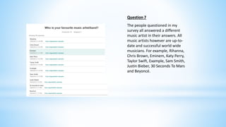 Question 7 
The people questioned in my 
survey all answered a different 
music artist in their answers. All 
music artists however are up-to-date 
and successful world wide 
musicians. For example, Rihanna, 
Chris Brown, Eminem, Katy Perry, 
Taylor Swift, Example, Sam Smith, 
Justin Bieber, 30 Seconds To Mars 
and Beyoncé. 
 