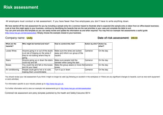 Risk assessment
All employers must conduct a risk assessment. If you have fewer than five employees you don't have to write anything down.
We have started off the risk assessment for you by including a sample entry for a common hazard to illustrate what is expected (the sample entry is taken from an office-based business).
Look at how this might apply to your business, continue by identifying the hazards that are the real priorities in your case and complete the table to suit.
You can print and save this template so you can easily review and update the information as and when required. You may find our example risk assessments a useful guide
(http://www.hse.gov.uk/risk/casestudies). Simply choose the example closest to your business.
Company name: Unify Date of risk assessment: 3/5/19
What are the
hazards?
Who might be harmed and how? How to control this risk? Action by who? Action by
when?
Loose Wires Anyone going in or out of the studio
is at risk of tripping on the wires if
they’re not looking where they’re
going.
Make sure the wires are tucked
away and inform our group of the
hazard.
Cameron On the day
Stairs Anyone going up or down the stairs
could trip and fall
Make sure people hold the
banister when using the stair.
Cameron On the day
Boxes You could trip and fall on the boxes
and hit your head
Make the group aware or move the
boxes
Cameron On the day
Air conditioning People could get to hot or to cold,
making them uncomfortable.
Turn it up or down Cameron On the day
You should review your risk assessment if you think it might no longer be valid (eg following an accident in the workplace or if there are any significant changes to hazards, such as new work equipment
or work activities)
For information specific to your industry please go to http://www.hse.gov.uk.
For further information and to view our example risk assessments go to http://www.hse.gov.uk/risk/casestudies/
.
Combined risk assessment and policy template published by the Health and Safety Executive 08/14
 