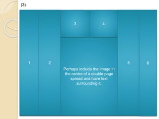 (3) 
Perhaps include the image in 
the centre of a double page 
spread and have text 
surrounding it. 
1 2 
4 
5 6 
3 
 
