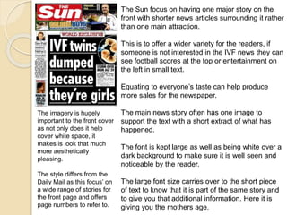 The Sun focus on having one major story on the 
front with shorter news articles surrounding it rather 
than one main attraction. 
This is to offer a wider variety for the readers, if 
someone is not interested in the IVF news they can 
see football scores at the top or entertainment on 
the left in small text. 
Equating to everyone’s taste can help produce 
more sales for the newspaper. 
The main news story often has one image to 
support the text with a short extract of what has 
happened. 
The font is kept large as well as being white over a 
dark background to make sure it is well seen and 
noticeable by the reader. 
The large font size carries over to the short piece 
of text to know that it is part of the same story and 
to give you that additional information. Here it is 
giving you the mothers age. 
The imagery is hugely 
important to the front cover 
as not only does it help 
cover white space, it 
makes is look that much 
more aesthetically 
pleasing. 
The style differs from the 
Daily Mail as this focus’ on 
a wide range of stories for 
the front page and offers 
page numbers to refer to. 
 