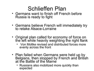 Schlieffen Plan Germans want to finish off French before Russia is ready to fight Germans believe French will immediately try to retake Alsace-Lorraine Original plan called for economy of force on the left while heavily weighting the right flank Von Moltke revised and distributed forces more evenly across the front Plan failed when Germans were held up by Belgians, then stopped by French and British at the Battle of the Marne Russians also mobilized more quickly than expected 