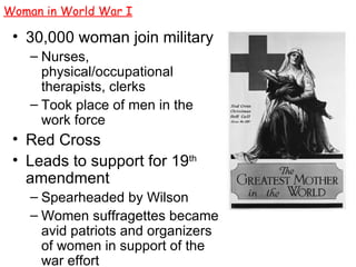 Woman in World War I 30,000 woman join military Nurses, physical/occupational therapists, clerks Took place of men in the work force Red Cross Leads to support for 19 th  amendment Spearheaded by Wilson Women suffragettes became avid patriots and organizers of women in support of the war effort  