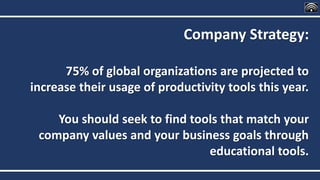 Company Strategy:
75% of global organizations are projected to
increase their usage of productivity tools this year.
You should seek to find tools that match your
company values and your business goals through
educational tools.
 