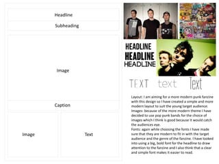 Headline
Image
Subheading
Caption
Image Text
Layout: I am aiming for a more modern punk fanzine
with this design so I have created a simple and more
modern layout to suit the young target audience.
Images: because of the more modern theme I have
decided to use pop punk bands for the choice of
images which I think is good because it would catch
the audiences eye.
Fonts: again while choosing the fonts I have made
sure that they are modern to fit in with the target
audience and the genre of the fanzine. I have looked
into using a big, bold font for the headline to draw
attention to the fanzine and I also think that a clear
and simple font makes it easier to read.
 