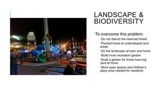 LANDSCAPE &
BIODIVERSITY
•To overcome this problem:
•Do not disturb the reserved forest
•Planted forest at undeveloped land
areas
•Do the landscape at town and home
•Build more recreation garden
•Build a garden for those have big
yard at home
•More open spaces and children’s
plays area needed for residents
 