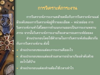 การวิเคราะห์ภาระงาน
การวิเคราะห์ภาระงานคล้ายคลึงกับการวิเคราะห์งานแต่
มีระดับของการวิเคราะห์อยู่ที่รายละเอียด – หน่วยย่อย การ
วิเคราะห์งานทาได้โดยการจาแนกงานออกเป็นภาระงานหลาบ
ภาระ จากนั้นวิเคราะห์ภาระงานก็จะสามารถเคราะห์ย่อยลง
ส่วนประกอบโดยใช้คาถามในการวิเคราะห์เช่นเดียวกัน
กับการวิเคราะห์งาน ดังนี้
• ส่วนประกอบของแต่ละภาระงานคืออะไร
• ส่วนประกอบของแต่ละส่วนสามารถนามาเรียงลาดับด้วย
อะไรได้บ้าง
• ส่วนประกอบแต่ละส่วนต้องใช้เวลาเท่าไร
 