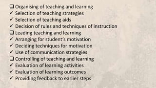  Organising of teaching and learning
 Selection of teaching strategies
 Selection of teaching aids
 Decision of rules and techniques of instruction
 Leading teaching and learning
 Arranging for student’s motivation
 Deciding techniques for motivation
 Use of communication strategies
 Controlling of teaching and learning
 Evaluation of learning activities
 Evaluation of learning outcomes
 Providing feedback to earlier steps
 