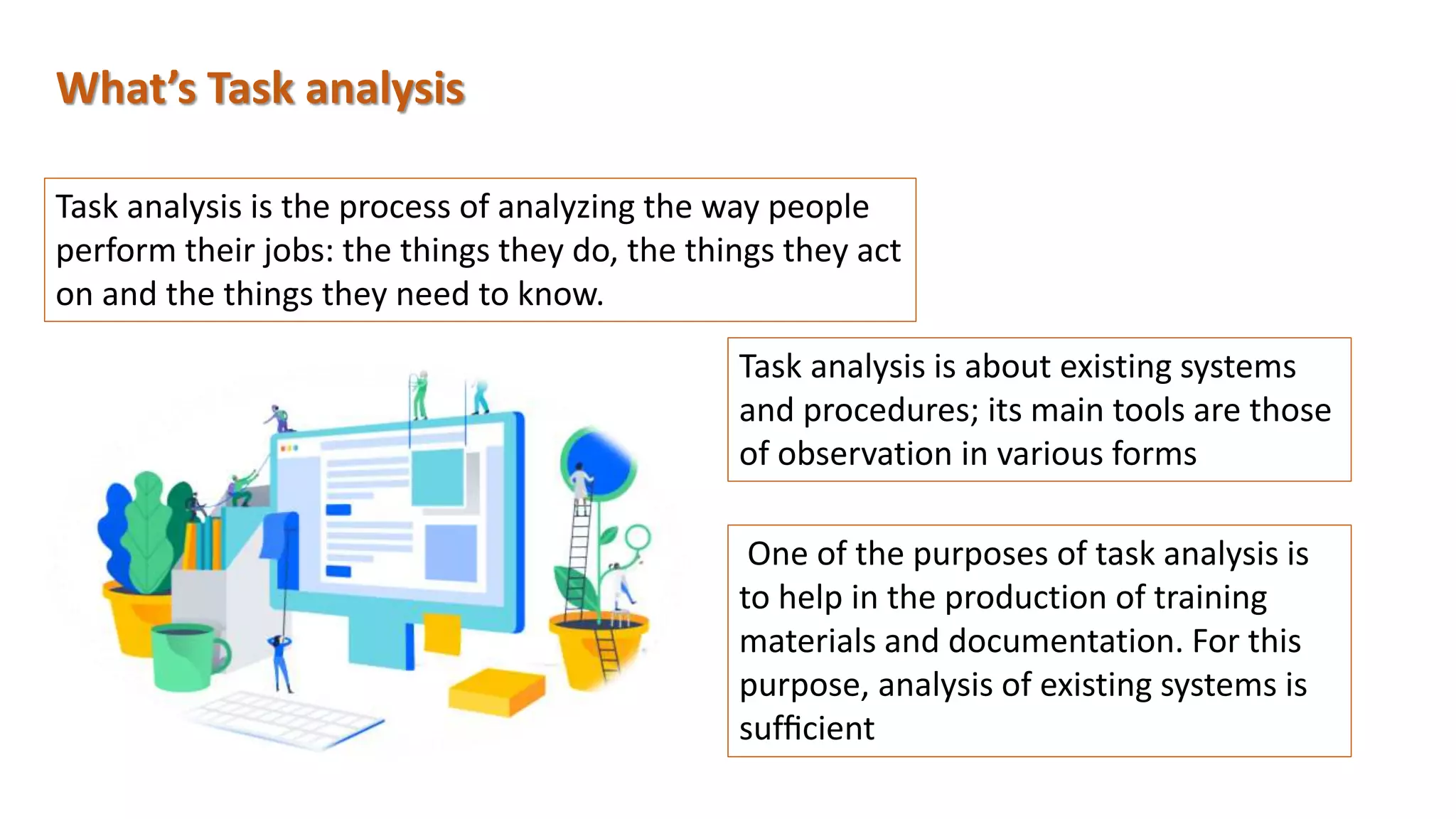 What’s Task analysis
Task analysis is the process of analyzing the way people
perform their jobs: the things they do, the things they act
on and the things they need to know.
One of the purposes of task analysis is
to help in the production of training
materials and documentation. For this
purpose, analysis of existing systems is
sufﬁcient
Task analysis is about existing systems
and procedures; its main tools are those
of observation in various forms
 