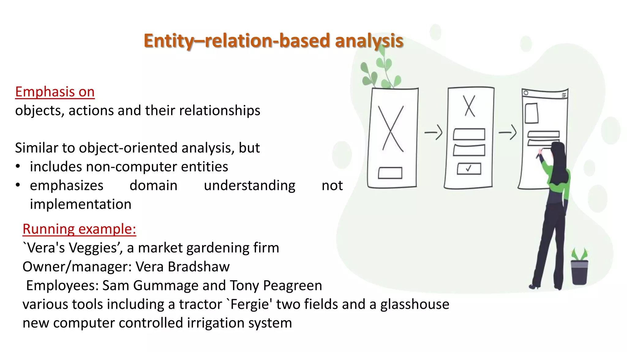 Entity–relation-based analysis
Emphasis on
objects, actions and their relationships
Similar to object-oriented analysis, but
• includes non-computer entities
• emphasizes domain understanding not
implementation
Running example:
`Vera's Veggies’, a market gardening firm
Owner/manager: Vera Bradshaw
Employees: Sam Gummage and Tony Peagreen
various tools including a tractor `Fergie' two fields and a glasshouse
new computer controlled irrigation system
 