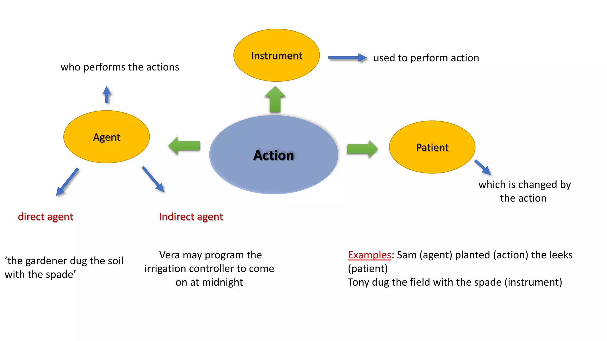 Agent
Action
Patient
‘the gardener dug the soil
with the spade’
direct agent Indirect agent
Vera may program the
irrigation controller to come
on at midnight
Examples: Sam (agent) planted (action) the leeks
(patient)
Tony dug the field with the spade (instrument)
Instrument
who performs the actions
which is changed by
the action
used to perform action
 