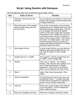 Harrelson 2
Script: Using Goobric with Doctopus
*All of the following steps must be performed using Google Chrome.
Step Action on Screen Narration
1 Title slide: “Using Goobric with
Doctopus”
Hi, and welcome to the tutorial on how to use
Goobric with Doctopus to grade assignments
in Google classroom.
2 Slide with picture of “the problem”
(stack of paper essays with red
pen and rubric).
If you’re like most teachers, giving a writing
assignment to your students also comes with
the dread of having to grade them. Not only
do we struggle with reading the illegible
writing, but we have a huge stack of papers
to lug around, not to mention the rubrics we
must attach to them and the comments we
have to write on each of them. Now, there is
an answer. It’s called Goobric, and it pairs
with the Doctopus Add-On to quickly and
easily grade writing assignments on Google
classroom without the mess!
3 Click Google Chrome In order to use this tool, you must follow the
following steps using Google Chrome, and
you must be signed in to your Google
account.
4 Google Apps icon, or “waffle” Once signed in, click the Google Apps icon,
or “waffle,” on any Google page.
5 “Sheets” Then click on “Sheets.” You might be
thinking, “How does this have anything to do
with an writing assignment on Google
classroom?” But in order to use Goobric,
there is some setting up you must do first.
6 “Blank” Under “Start a New Spreadsheet,” Click
“Blank.”
7 Title the spreadsheet The first thing you’ll want to do to your new
spreadsheet is title it. I normally associate
my title with the assignment I’m planning to
grade, so that I can find it easily later.
8 “Add-ons” When you’re ready to begin, click “Add-ons”
in your top banner. You’ll be needing the
add-on called Doctopus.
9 Hover over “Doctopus” and click Hover over “Doctopus” and click “Launch.”
 