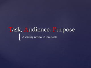 {
Task, Audience, Purpose
A writing review in three acts
 