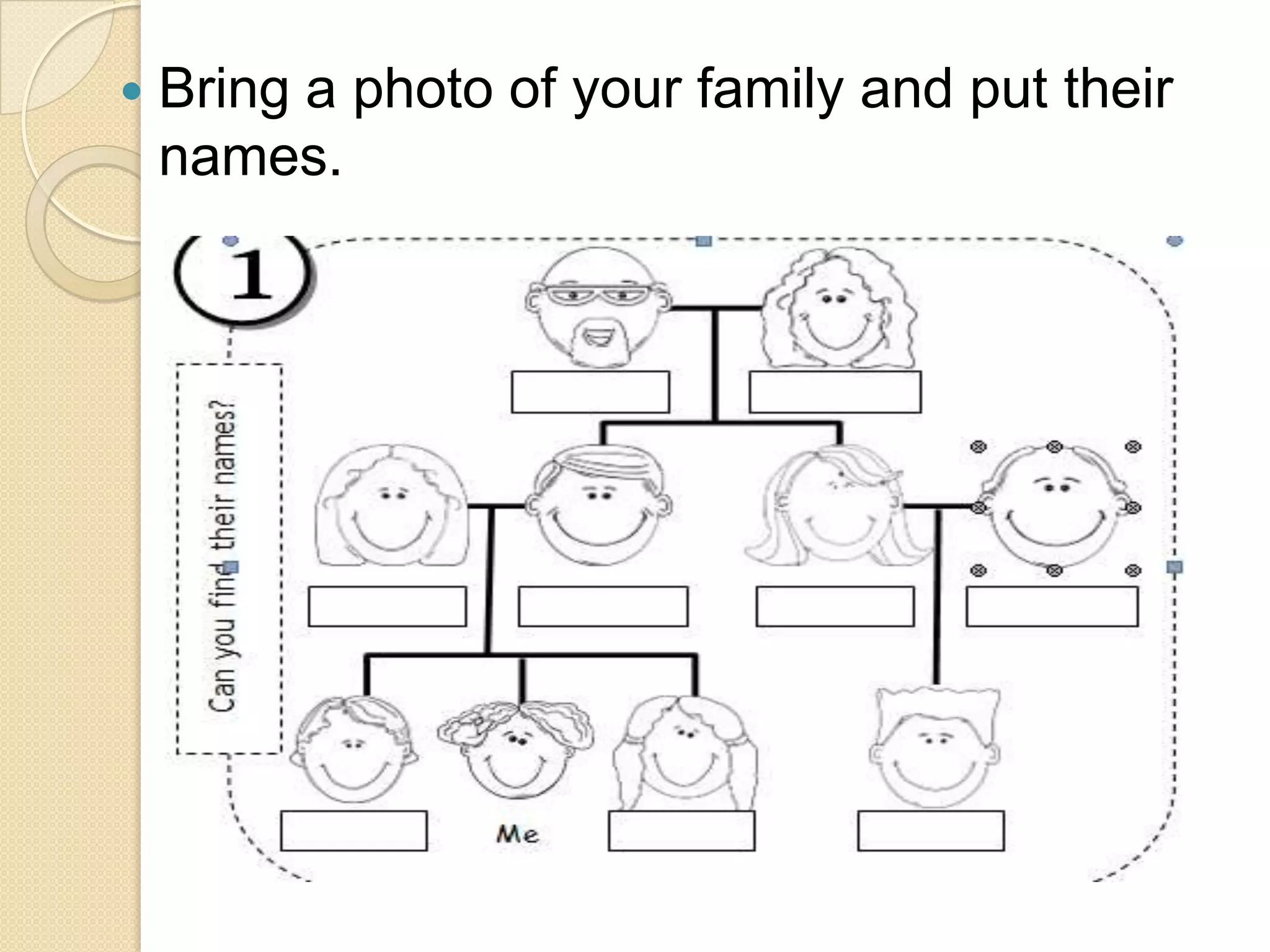  Bring a photo of your family and put their
names.
 