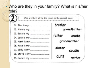  Who are they in your family? What is his/her
role?
 