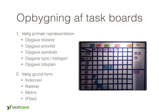 Opbygning af task boards
1. Vælg primær repræsentation
• Opgave tilstand
• Opgave prioritet
• Opgave ejerskab
• Opgave type / kategori
• Opgave tidsplan
2. Vælg grund form
• Kolonner
• Rækker
• Matrix
• (Flow)
 