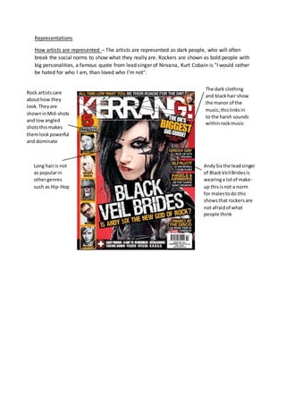 Representations
How artists are represented – The artists are represented as dark people, who will often
break the social norms to show what they really are. Rockers are shown as bold people with
big personalities, a famous quote from lead singer of Nirvana, Kurt Cobain is "I would rather
be hated for who I am, than loved who I'm not".
AndySix the leadsinger
of BlackVeil Bridesis
wearinga lotof make-
up thisisnot a norm
for malestodo this
showsthat rockersare
not afraidof what
people think
Long hairis not
as popularin
othergenres
such as Hip-Hop
The dark clothing
and blackhair show
the manor of the
music,thislinksin
to the harsh sounds
withinrockmusic
Rock artistscare
abouthow they
look.Theyare
showninMid-shots
and lowangled
shotsthismakes
themlookpowerful
and dominate
 