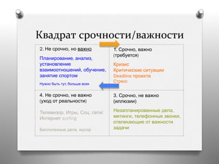 2. Не срочно, но важно
Планирование, анализ,
установление
взаимоотношений, обучение,
занятие спортом
Нужно быть тут, больше всех
Квадрат	
  срочности/важности	
  
1. Срочно, важно
(требуется)
Кризис
Критические ситуации
Deadline проекта
Стресс
3. Срочно, не важно
(иллюзии)
Незапланированные дела,
митинги, телефонные звонки,
отвлекающие от важности
задачи
4. Не срочно, не важно
(уход от реальности)
Телевизор, Игры, Соц. сети/
Интернет surfing
Бесполезные дела, мусор
 