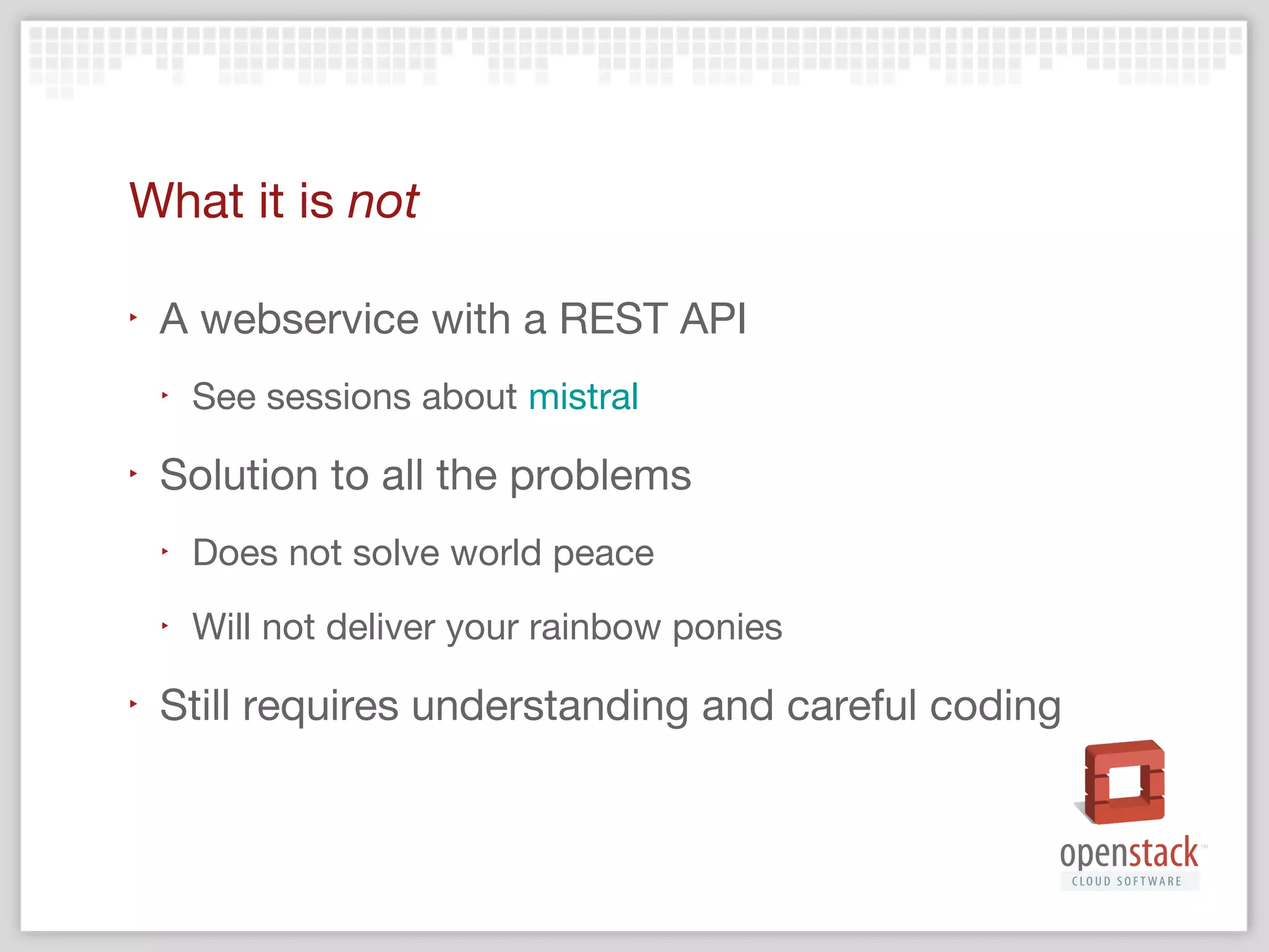Foundational concepts
‣

Code structure (your applications frame)

‣

Controlled execution
‣

Who & what manages the overall execution

‣

Persistence (how you know what was executed)

‣

Work recovery
‣

How you recover from failure/partial progress

 
