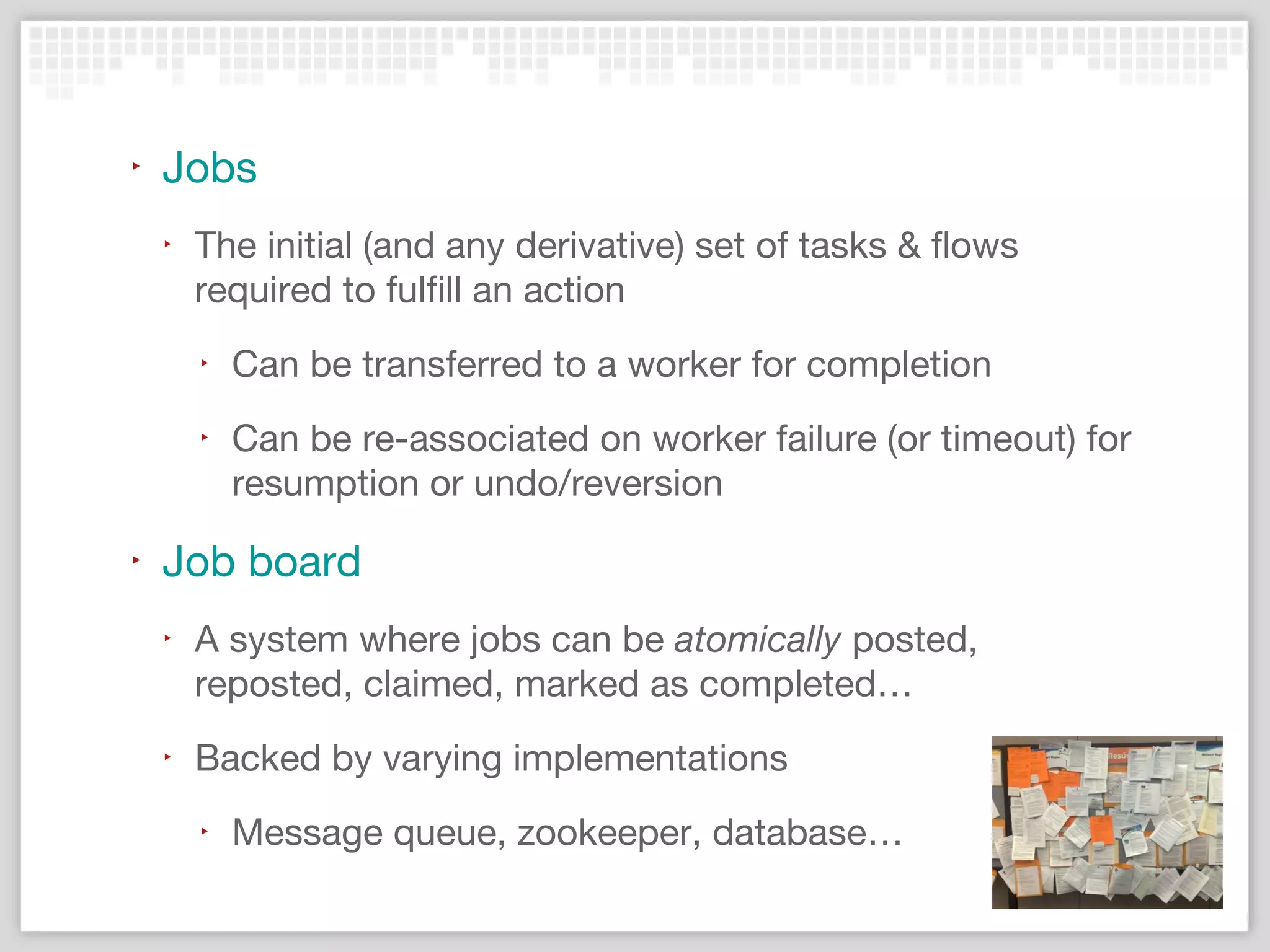 What exists
‣

Release 0.1
‣

Tagged & pypi uploaded on October 24, 2013

‣

Contains foundational concepts
‣

‣

Tasks, flows, resumption, persistence, local engines

Excellent documentation!
‣

Best practices, inputs & outputs, examples,
state transitions …

‣

Design – engines, persistence, primitives …

 