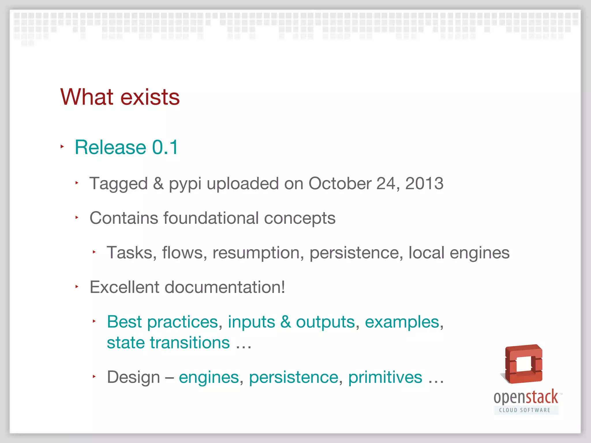What’s missing
‣

Distributed engine

‣

Lock service
‣

Ensure your resources are not simultaneously trampled

‣

Zookeeper storage layer

‣

Job and job board reference implementation
‣

Currently being built out

 