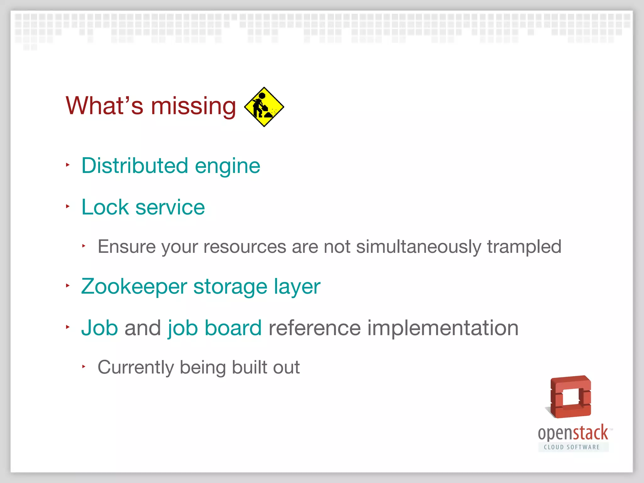 Examples
‣

Miniature nova
‣

‣

Minature cinder
‣

‣

Try to control-c and then restart

Parallel volume creation
‣

‣

Try to control-c and then restart

Runs in parallel!

More …

 