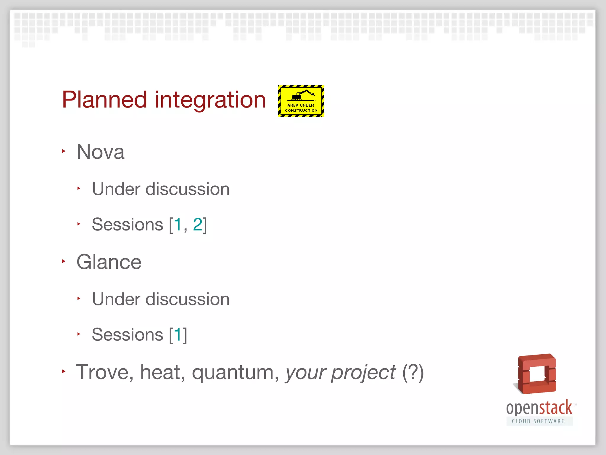 Mistral (recently announced!)
‣

Mistral service provides a convenient API based
on simple generic DSL for executing any task
flows
‣

‣

Use cases
‣

‣

Targeted at providing various scheduling and
orchestration capabilities for generic computational
tasks

Cloud cron, deployment & configuration management,
analytics & reporting…

Implements the convection proposal

 